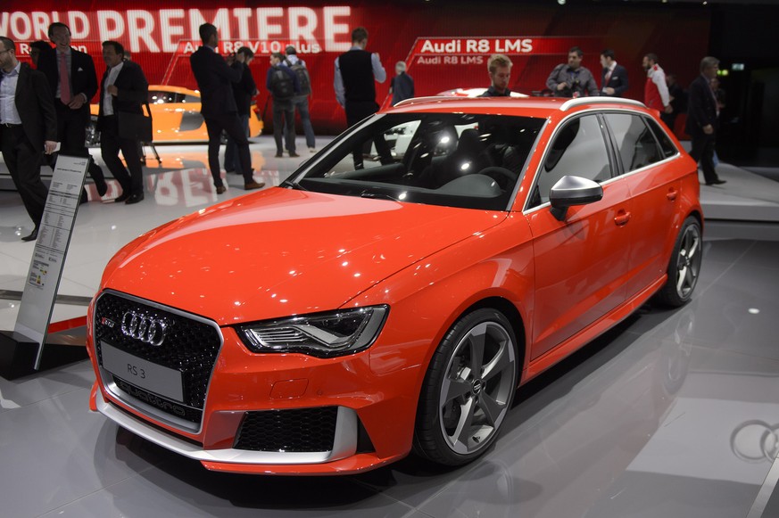 The New Audi RS 3 is shown, during the press day at the 85th Geneva International Motor Show in Geneva, Switzerland, Tuesday, March 3, 2015. The Motor Show will open its gates to the public from 5th t ...