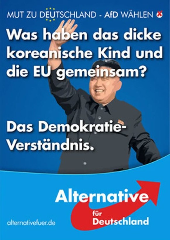 Die EU und Nordkorea haben das gleiche Demokratieverständnis. Das behauptet ein Kreisverband der AfD auf einem Wahlplakat im April 2014.