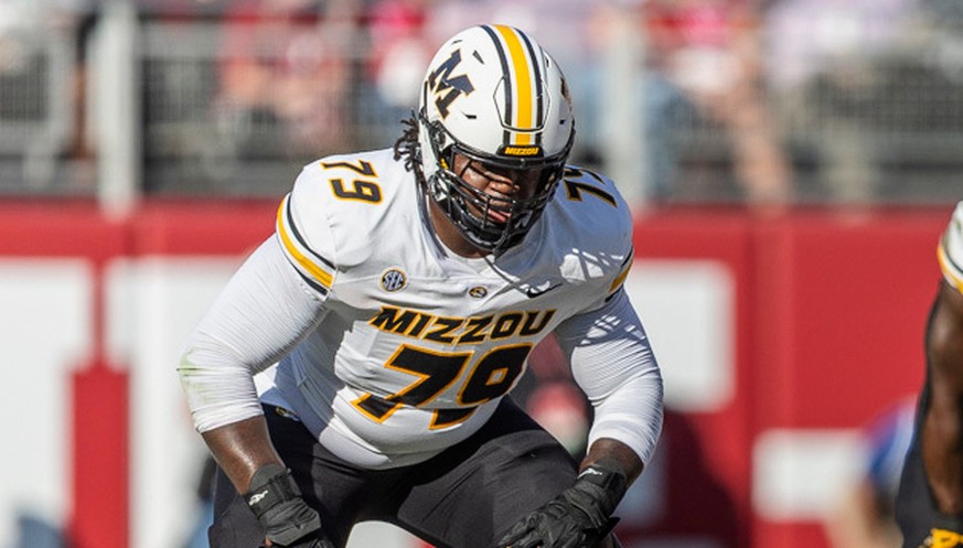 FILE - Missouri offensive lineman Armand Membou (79) sets up at the line of scrimmage during the first half of an NCAA college football game against Alabama, Saturday, Oct. 26, 2024, in Tuscaloosa, Al ...