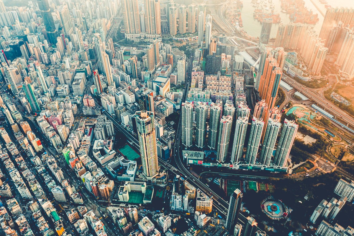 Aerial view of Hong Kong apartments in cityscape background, Sham Shui Po District. Residential district in smart city