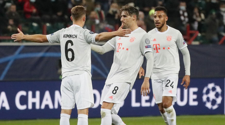 Bayern&#039;s Joshua Kimmich celebrates after scoring his side&#039;s second goal during the Champions League group A soccer match between Lokomotiv Moscow and Bayern Munich in Moscow, Russia, Tuesday ...