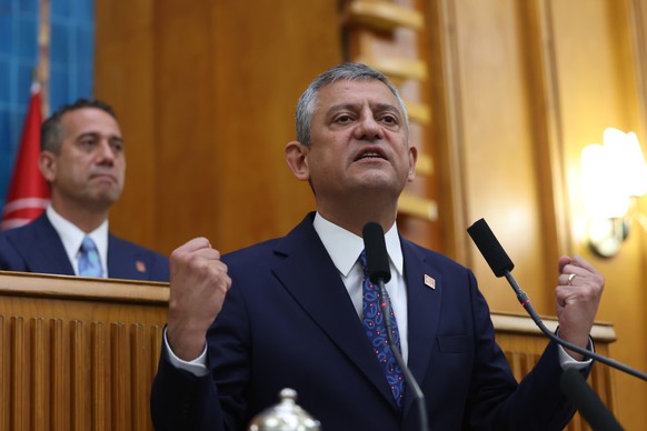Turkey's deposed main opposition Republican People's Party (CHP) leader Ozgur Ozel addresses party's lawmakers at the parliament in Ankara, Turkey, Tuesday, June 9, 2026. (Yavuz Ozden/D ...