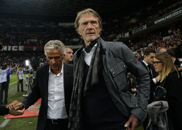 FILE - Sir Jim Ratcliffe looks on ahead of the French League One soccer match between Nice and Paris Saint Germain in Allianz Riviera stadium in Nice, southern France, on Oct.18, 2019. More than a yea ...