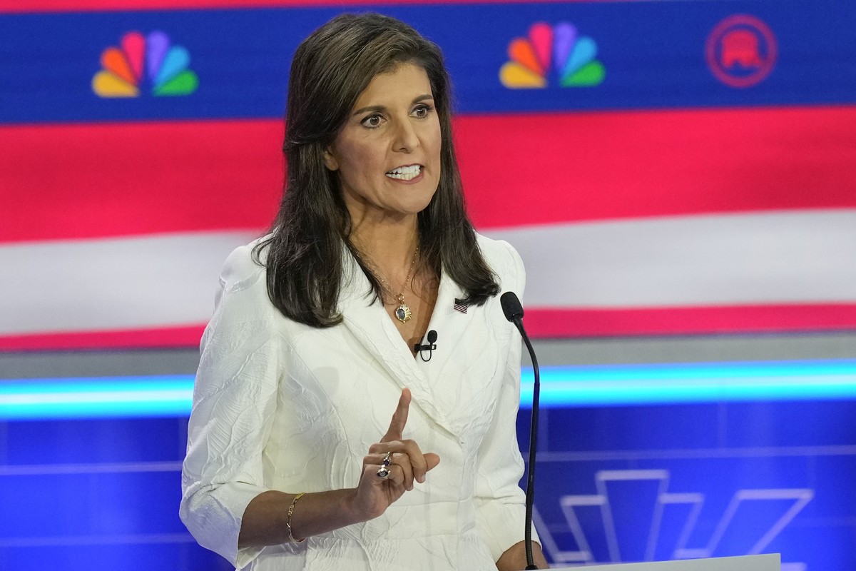 Republican presidential candidate former U.N. Ambassador Nikki Haley speaks during a Republican presidential primary debate hosted by NBC News, Wednesday, Nov. 8, 2023, at the Adrienne Arsht Center fo ...