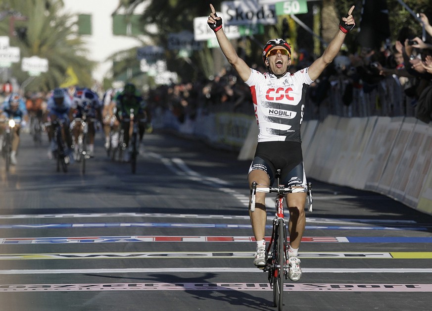 Switzerland&#039;s Fabian Cancellara crosses the finish line to win the Milano-Sanremo cycling classic race in San Remo, on the Italian riviera, Saturday, March 22, 2008. (AP Photo/Alberto Pellaschiar ...