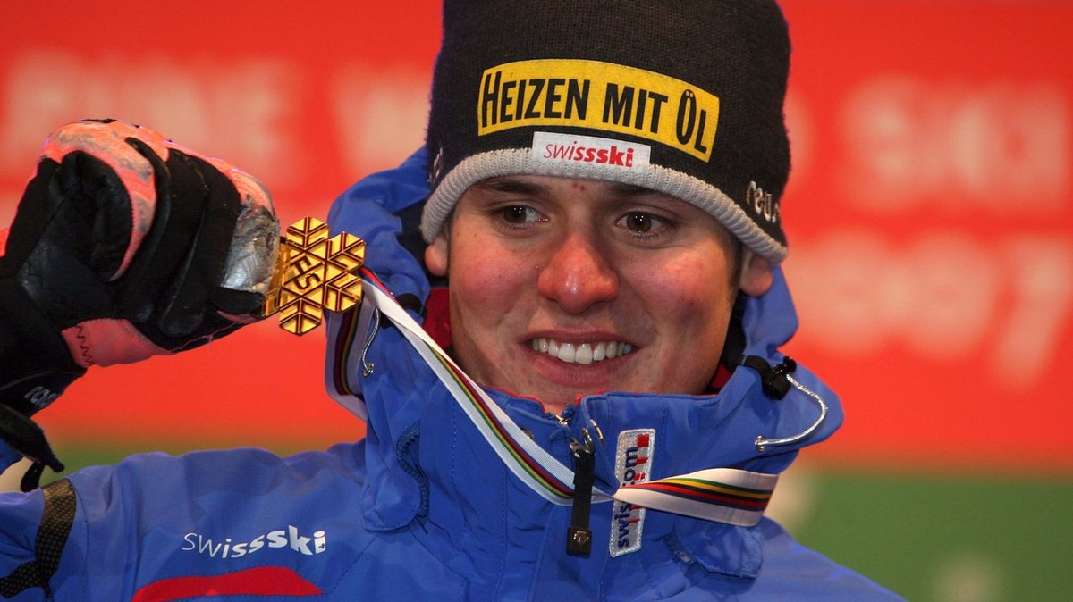 Daniel Albrecht of Switzerland celebrates during the medal ceremony of the men's combined slalom event at the Alpine Skiing World Championships in Aare, Sweden, Friday 09 February 2007. Daniel Al ...