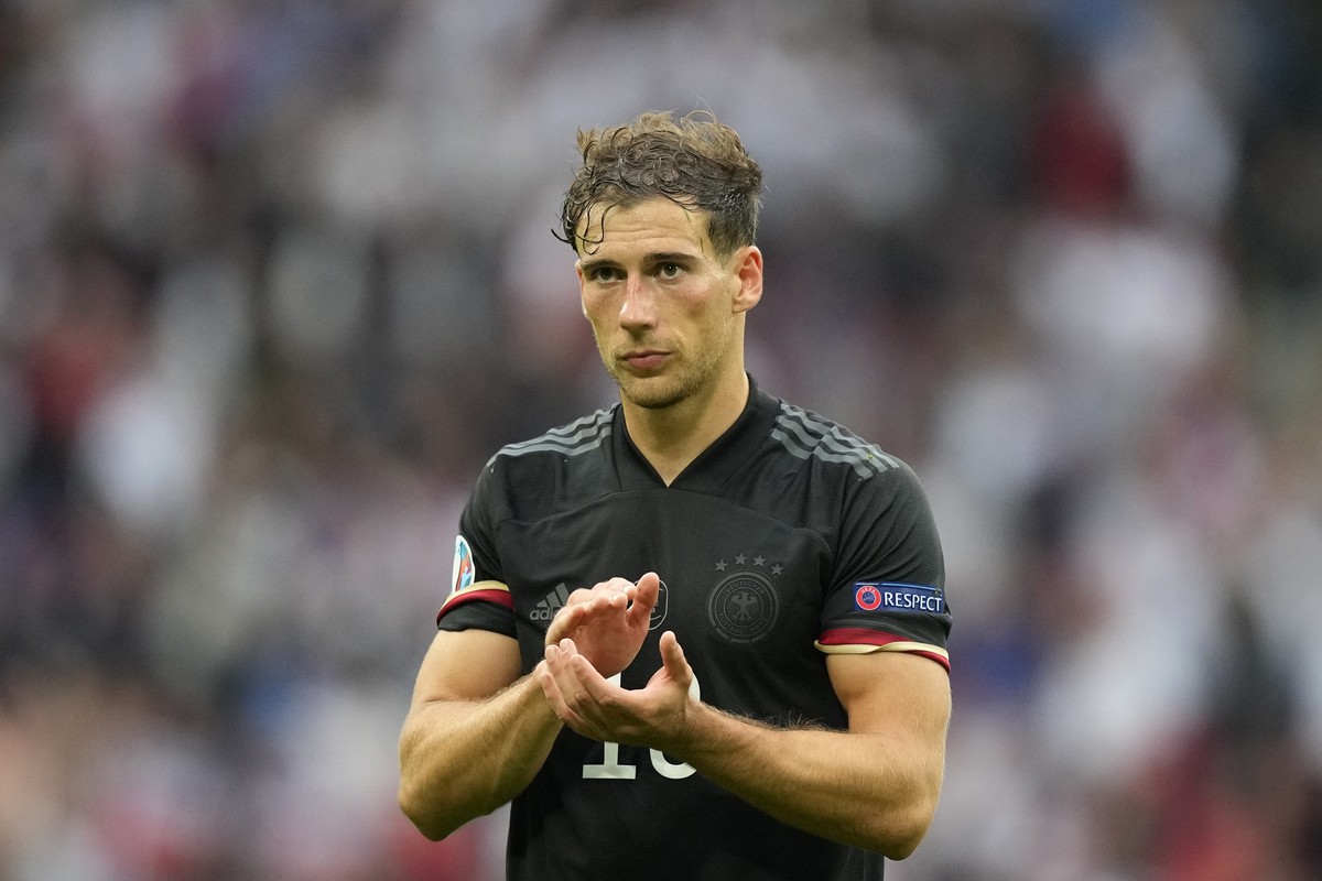 Germany's Leon Goretzka applauds the fans at the end of the Euro 2020 soccer championship round of 16 match between England and Germany at Wembley stadium in London, Tuesday, June 29, 2021. Engla ...