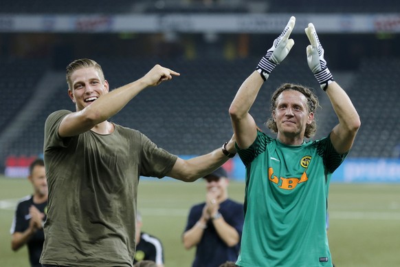 YB&#039;s goalkeepers Marco Woelfli, right, and David von Ballmoos, left, celebrate after the UEFA Champions League third qualifying round, second leg match between Switzerland&#039;s BSC Young Boys a ...