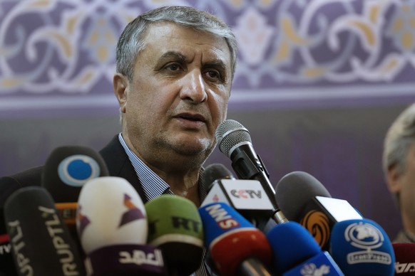 Head of Iran's Atomic Energy Department Mohammad Eslami speaks during a press conference after unveiling domestically developed nuclear medicines at an exhibition of the country's nuclear technology.