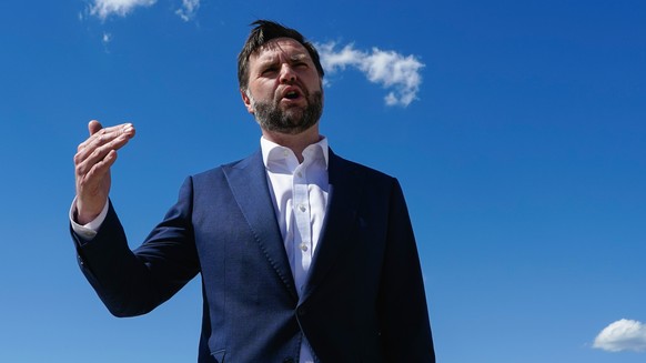 Vice President JD Vance speaks to reporters at Joint Base Andrews, Md., Saturday, June 20, 2026, en route to Switzerland. (Elizabeth Frantz/Pool Photo via AP)
Vance