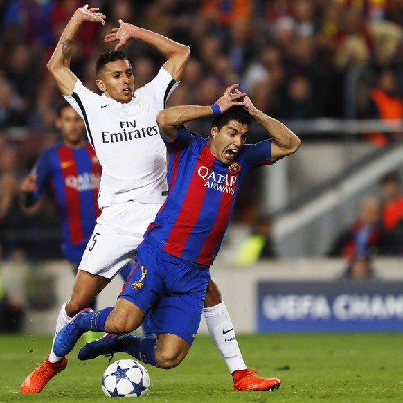 Marquinhos (PSG), Luis Suarez (Barcelona), March 8, 2017 - Football / Soccer : UEFA Champions League Round 16 2nd leg match between FC Barcelona Barca 6-1 Paris Saint-Germain at Camp Nou stadium in Ba ...