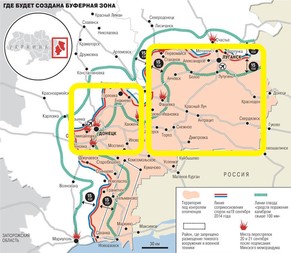 Die Gebiete um die Stadt Luhansk (grosses Quadrat), um die Stadt Donezk (kleines Quadrat) sowie die Halbinsel Krim (nicht auf der Skizze) sollen von der Ukraine in die Autonomie entlassen werden.