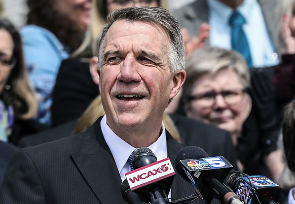 FILE - In this April 11, 2018, file photo, Vermont Gov. Phil Scott speaks before signing a gun restrictions bill on the steps of the Statehouse in Montpelier, Vt. Scott faces a challenge by Springfiel ...