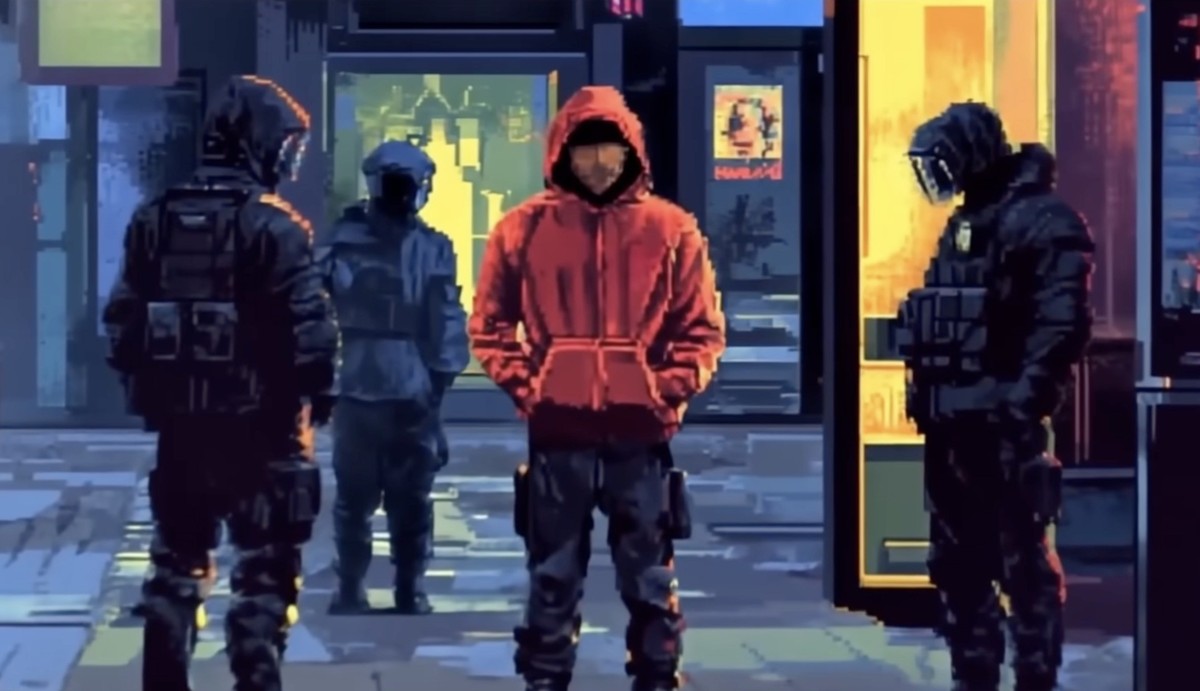 Screenshot aus einem von deutschen Ermittlern erstellten Pixel-Art-Video zur Stilllegung der deutschsprachigen Darknet-Handelsplattform Crimenetwork.