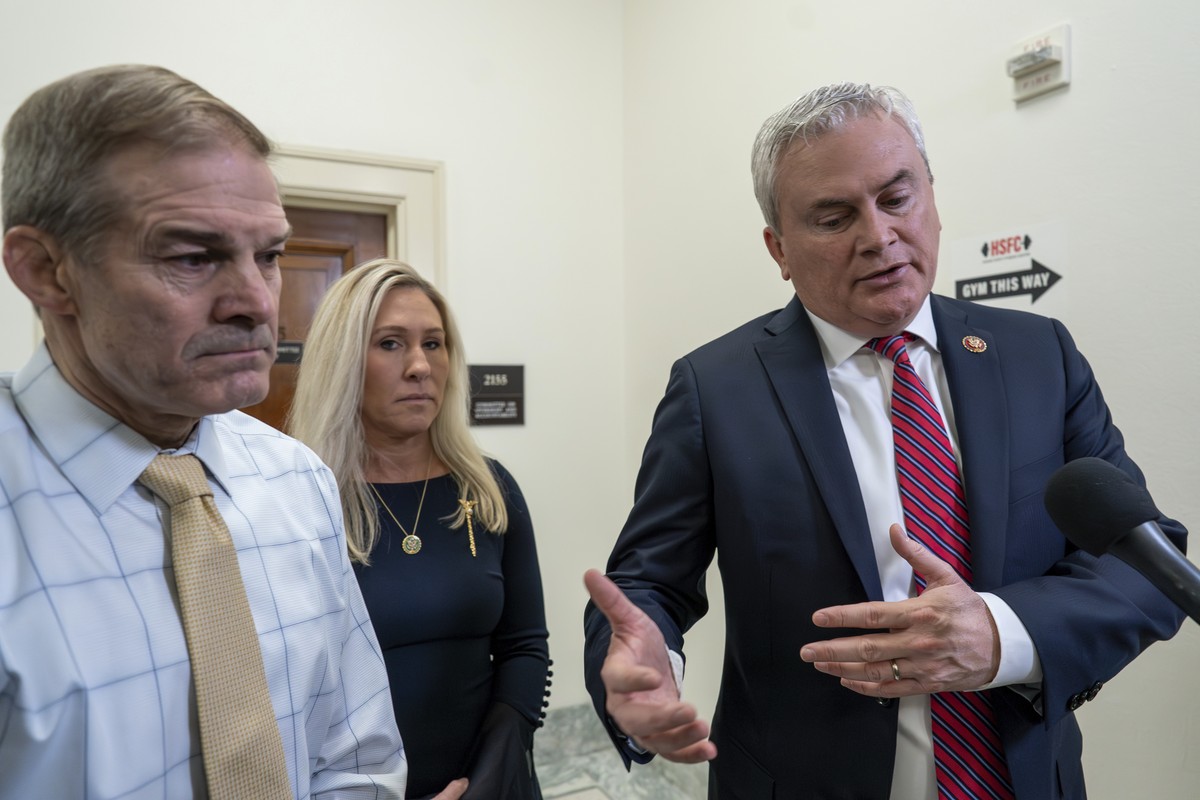 From left, House Judiciary Committee Chairman Jim Jordan, R-Ohio, Rep. Marjorie Taylor Greene, R-Ga., and House Oversight and Accountability Committee Chairman James Comer, R-Ky., speak to reporters a ...