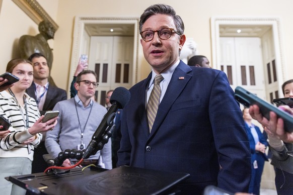 epaselect epa11787794 Speaker of the House Mike Johnson delivers remarks to the news media following the passage of a bill that prevents a government shutdown in the US Capitol in Washington, DC, USA, ...
