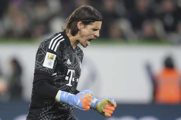 Bayern&#039;s goalkeeper Yann Sommer reacts during the German Bundesliga soccer match between VfL Wolfsburg and FC Bayern Munich in Wolfsburg, Germany, Sunday, Feb. 5, 2023. (AP Photo/Michael Sohn)