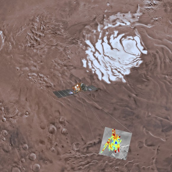 Dieses Bild der ESA/INAF zeigt eine Animation der Mars-Express-Raumsonde, die die südliche Hemisphäre des Mars erforscht. Oben rechts ist die südliche Eiskappe des Planeten. Das eingesetzte Bild unten rechts zeigt den Bereich, in dem die Radarmessungen durchgeführt wurden. Das blaue Dreieck kennzeichnet einen Bereich mit sehr hohem Reflexionsvermögen, der durch das Vorhandensein eines Wasserreservoirs etwa eine Meile unter der Oberfläche verursacht wird.