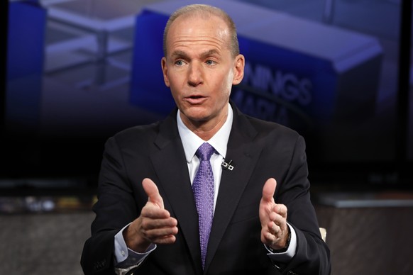 Boeing CEO Dennis Muilenburg is interviewed by Maria Bartiromo, not pictured, during her &quot;Mornings with Maria Bartiromo&quot; program on the Fox Business Network, in New York, Tuesday, Nov. 13, 2 ...