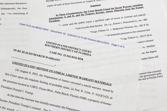 The motion by the Justice Department to the U.S. District Court South District of Florida to unseal the search warrant the FBI received before searching the Florida estate of former President Donald T ...