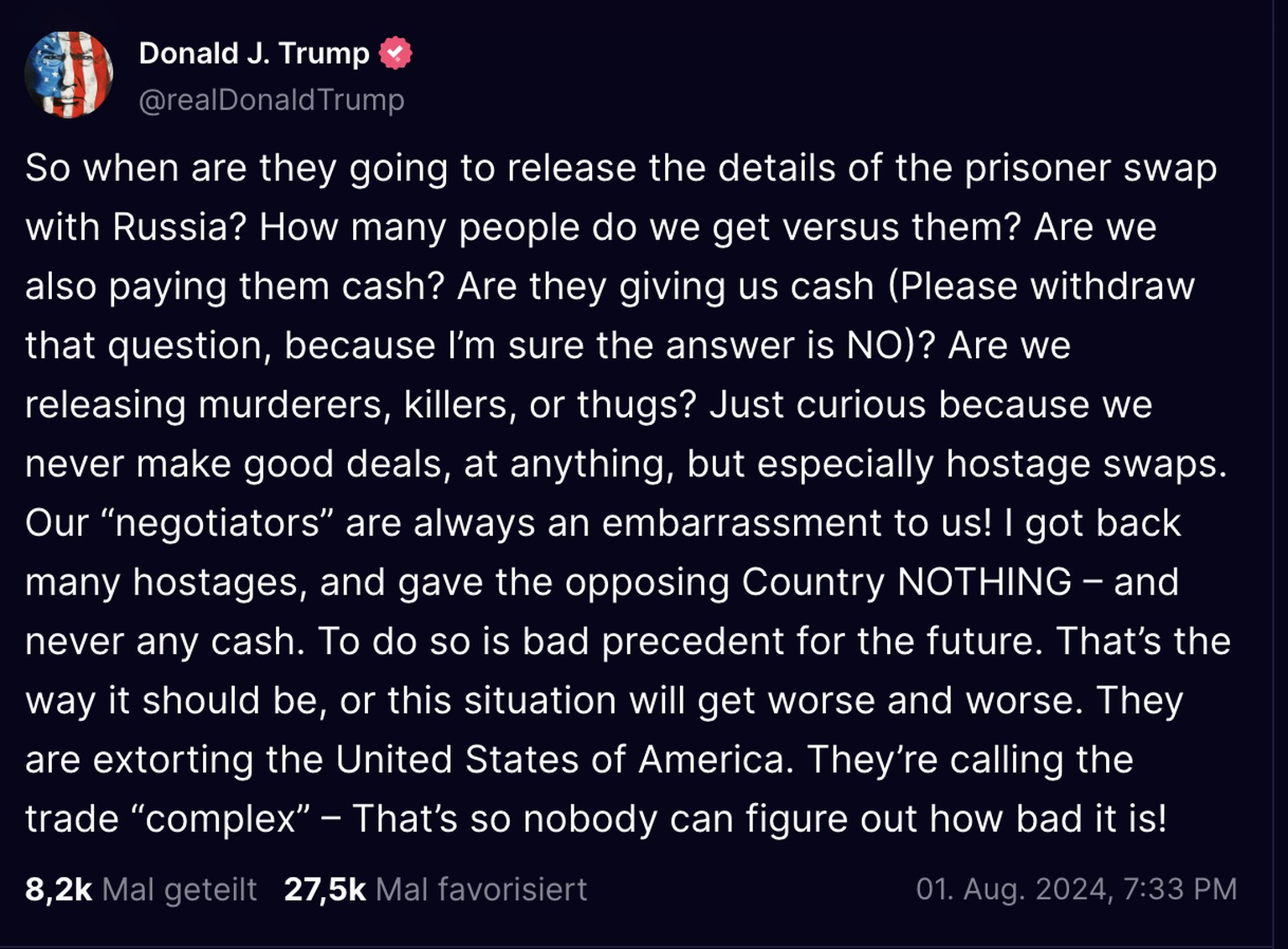 Donald Trump kritisert den Gefangenenaustausch.