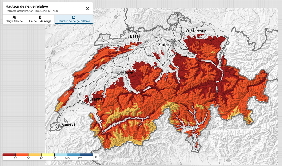 Hauteur de neige relative en Suisse
Dernière actualisation: 10/02/2026 07:00
