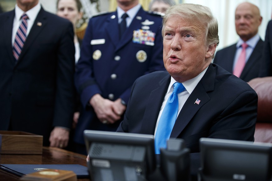 epa07381648 US President Donald J. Trump speaks during a signing ceremony for Space Policy Directive 4 in the Oval Office of the White House in Washington, DC, USA 19 January 2019. The policy directiv ...