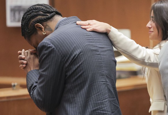 epaselect epa11906323 Rakim Mayers, aka A$AP Rocky, reacts after a jury found him not guilty on two felony counts of assault with a semiautomatic firearm at the Clara Shortridge Foltz Criminal Justice ...