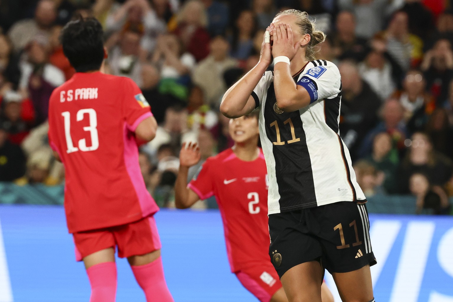 Germany&#039;s Alexandra Popp, right, reacts after South Korea&#039;s goalkeeper Kim Jung-mi saved her short at goal during the Women&#039;s World Cup Group H soccer match between South Korea and Germ ...