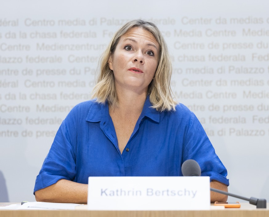 Kathrin Bertschy, Nationalraetin GLP-BE, spricht waehrend einer Medienkonferenz zur Reform der Verrechnungssteuer, am Dienstag, 23. August 2022 in Bern. (KEYSTONE/Peter Klaunzer)