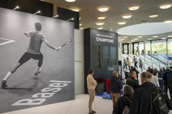 A poster of Roger Federer is displayed in the entrance area of the Swiss Indoors tennis tournament at the St. Jakobshalle in Basel, Switzerland, on Friday, October 25, 2024. (KEYSTONE/Georgios Kefalas ...