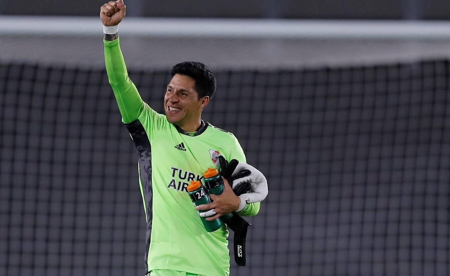 River Plate player and goalkeeper Enzo Nicolas Perez celebrates the victory, during a Group D match of the Copa Libertadores, between the Argentine River Plate and Santa Fe de Colombia, at the Monumen ...