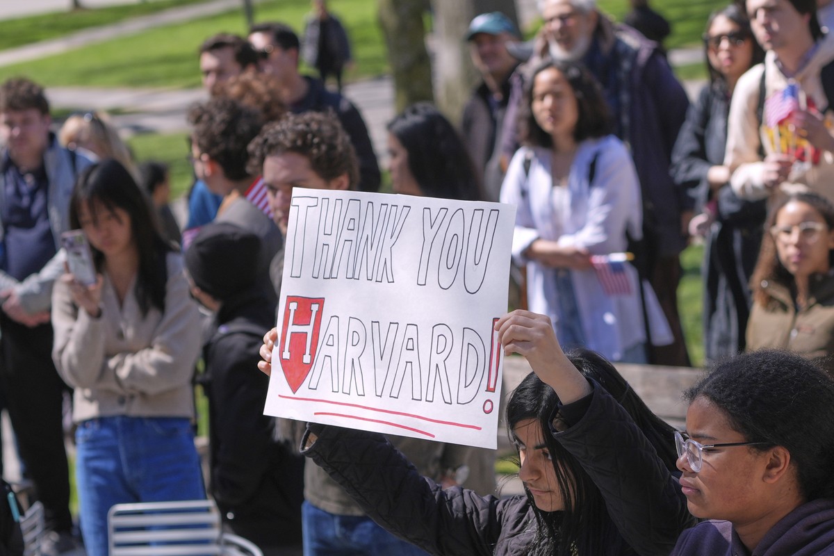 Students, faculty and members of the Harvard University community rally, Thursday, April 17, 2025, in Cambridge, Mass. (AP Photo/Charles Krupa)
Education Trump Harvard