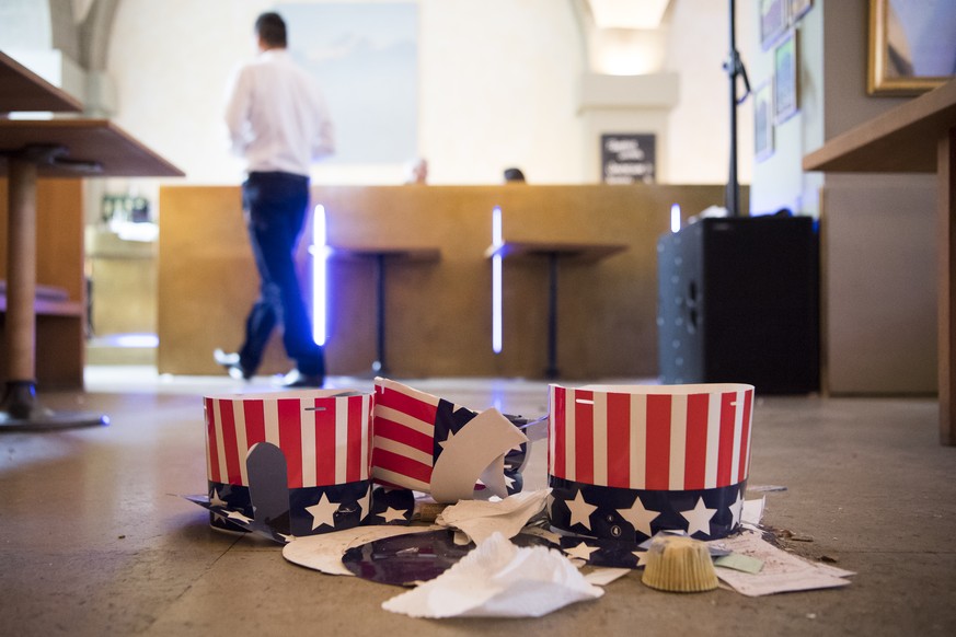 Hats are pictured during an election party organized by the US embassy at the Kornhaus Cafe in Bern, Switzerland, on Wednesday, November 9, 2016. Americans vote the 45th President of the United States ...