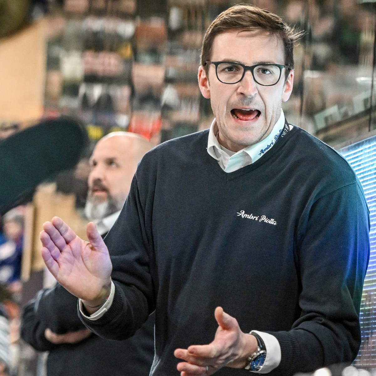 Ambri's head coach Luca Cereda, left, and assistant Rene Matte during the game between Switzerland's HC Ambri-Piotta and Finland's IFK Helsinki, at the 94th Spengler Cup ice hockey tour ...