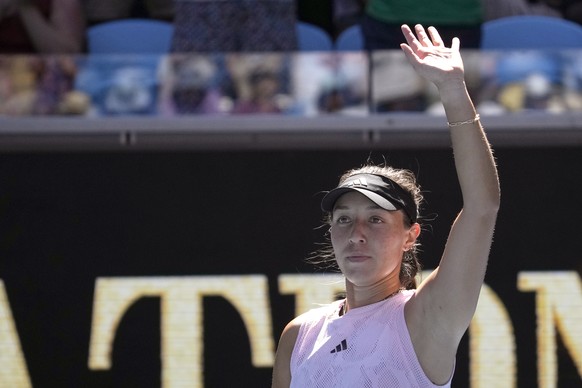 Jessica Pegula of the U.S. waves after defeating Marta Kostyuk of Ukraine during their third round match at the Australian Open tennis championship in Melbourne, Australia, Friday, Jan. 20, 2023. (AP  ...