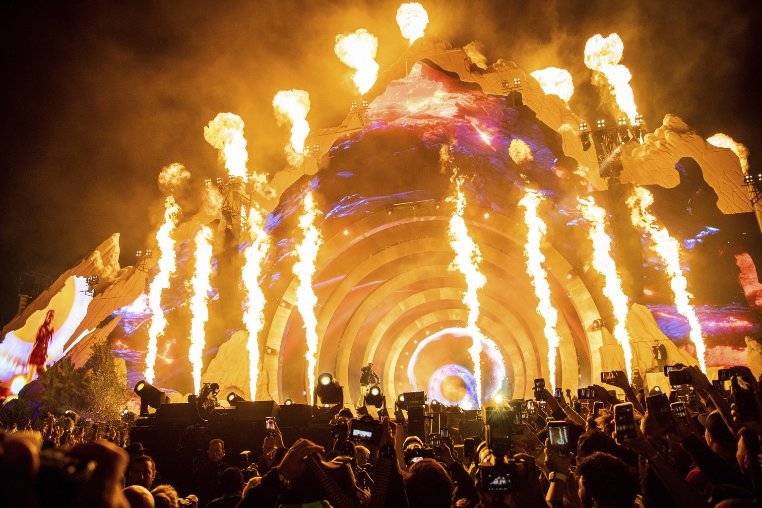 Travis Scott performs at Day 1 of the Astroworld Music Festival at NRG Park on Friday, Nov. 5, 2021, in Houston. (Photo by Amy Harris/Invision/AP)
Travis Scott