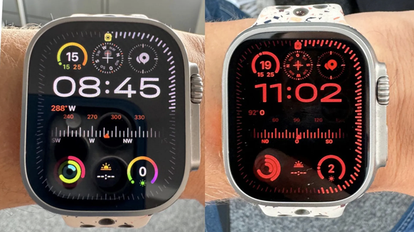 Die neue Apple Watch Ultra 2 mit dem Modular Watchface im normalen Modus (links) und im Nachtmodus.