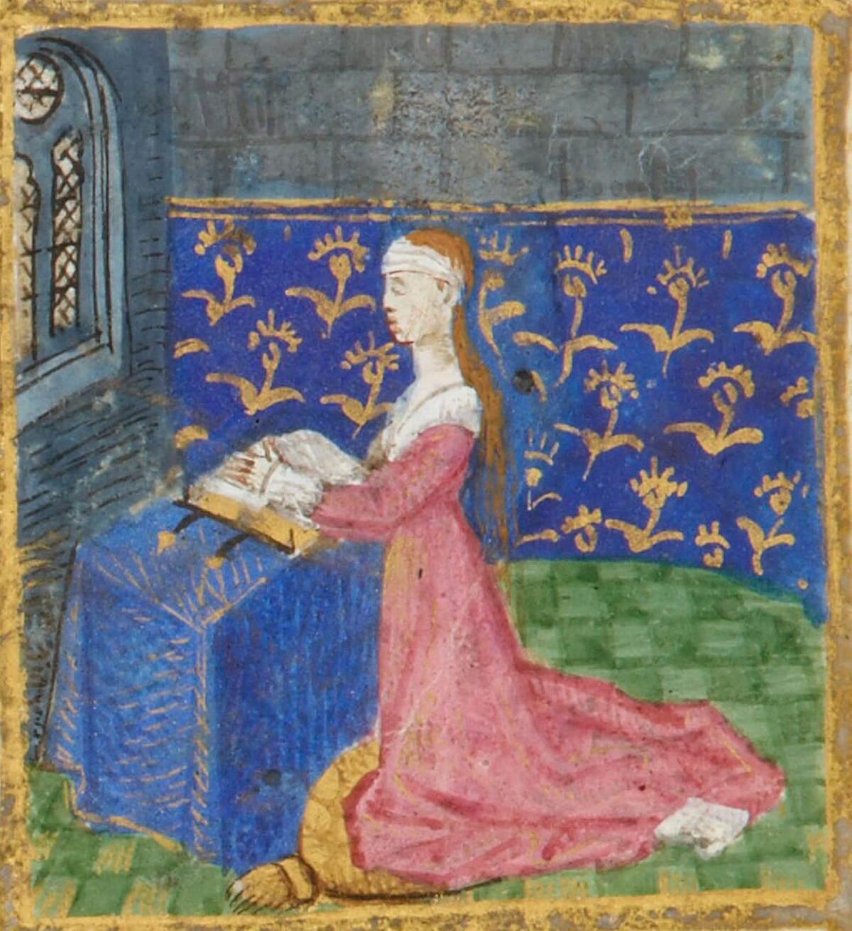 Eine Miniatur in Jeannes berühmten Stundenbuch, welches sie – vermutlich – beim Beten zeigt.
https://commons.wikimedia.org/wiki/File:Heures_de_Jeanne_de_France_BnF_NAL_3244_f285r_(d%C3%A9tail)_-_Jeann ...