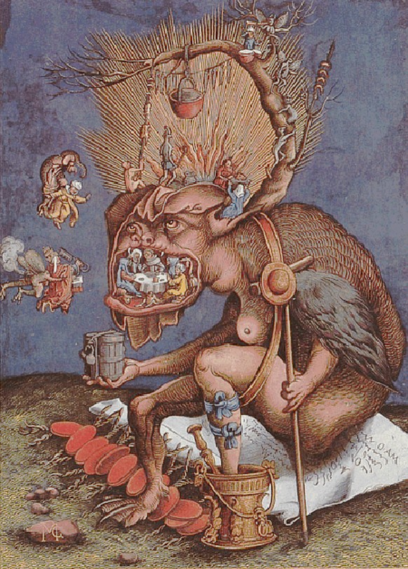 Matthias Gerung: «Satire auf die katholische Geistlichkeit [und den Ablasshandel]». Kolorierter Holzschnitt, ca. 1536.