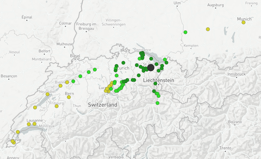 Screenshot direkte Zugverbindungen von Schweizer Bahnhöfen