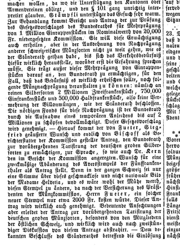 Die Eidgenössische Zeitung druckte die schlechte Meinung über «Madame Helvetia» im Dezember 1851 ab.
https://www.e-newspaperarchives.ch/?a=d&amp;d=EIZE18511224-01.2.4.2&amp;srpos=5&amp;e=------185-de- ...