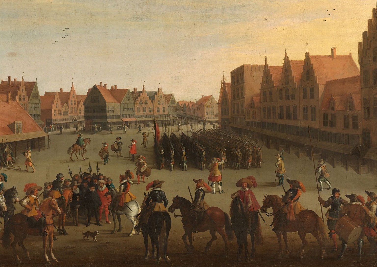 Söldner auf dem Marktplatz von Utrecht am 31. Juli 1618. Gut möglich, dass sich unter diesen auch Männer aus der Eidgenossenschaft befinden. Gemälde von Joost Cornelisz Droochsloot, 1625 (Ausschnitt). ...