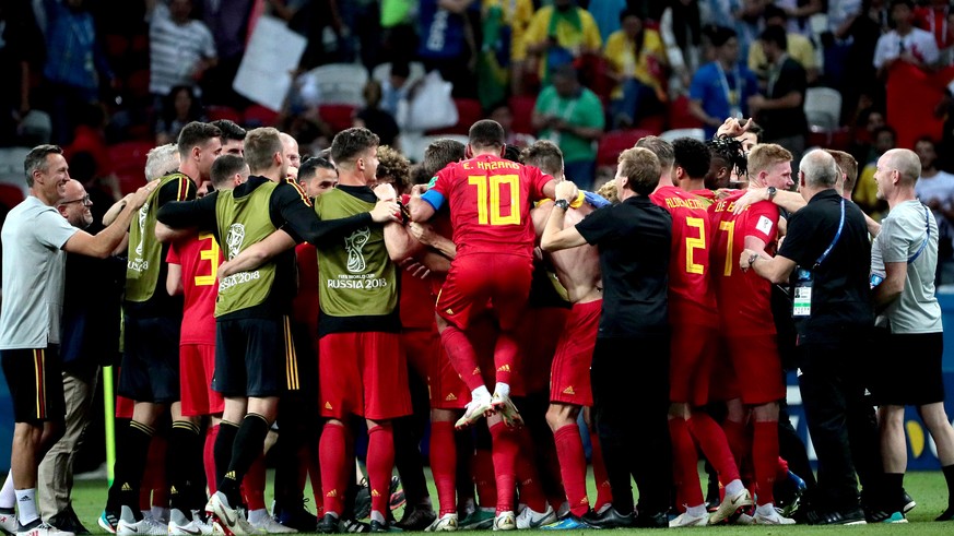 epa06869780 Players of Belgium celebrate after the FIFA World Cup 2018 quarter final soccer match between Brazil and Belgium in Kazan, Russia, 06 July 2018.

(RESTRICTIONS APPLY: Editorial Use Only, ...