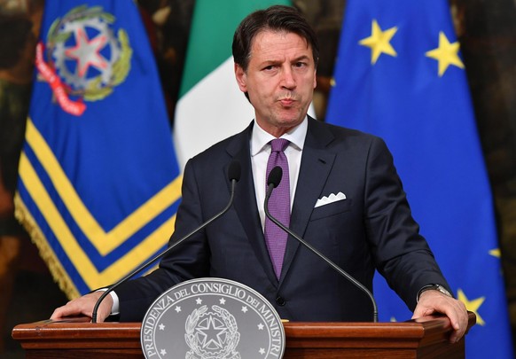 epa07623211 Italian Prime Minister, Giuseppe Conte, holds a press conference at Chili Palace in Rome, Italy, 03 June 2019. Italian media report Conte was expected to make an announcement related to on ...