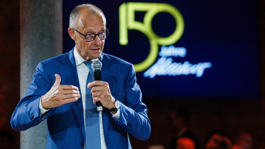 epa13242241 German Chancellor Friedrich Merz speaks during a town hall event in Berlin, Germany, 15 September 2026. German Chancellor Friedrich Merz gave a speech at an event to mark the 150th anniver ...