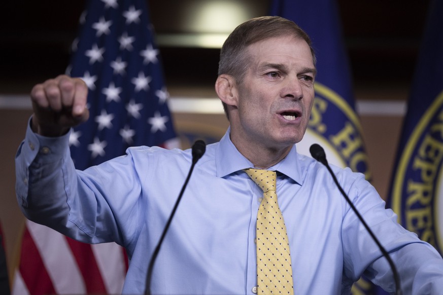 epa09357064 Republican Representative from Ohio Jim Jordan delivers remarks during a press conference in the US Capitol in Washington, DC, USA, 21 July 2021. Speaker of the House Nancy Pelosi has reje ...