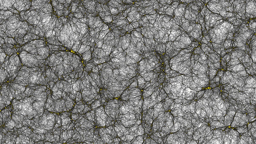 Kosmisches Netz: Ein Milliarden Lichtjahre umfassender Ausschnitt des virtuellen Kosmos zeigt, dass sich die Dunkle Materie zusammenklumpt (Halos: gelbe Punkte) und durch Filamente verbunden ist. In w ...