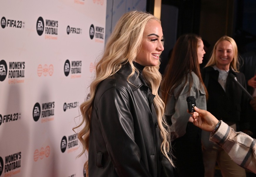 Alisha Lehmann currently plays for Aston Villa in England.  Alisha Lehmann at the Women's Football Summit presented by EA SPORTS following the recent launch of FIFA