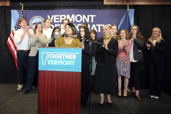 Democrat Becca Balint gives a victory speech on election night, Tuesday, Nov. 8, 2022, in Burlington, Vt., after being elected Vermont&#039;s first woman and first openly gay person to represent Vermo ...